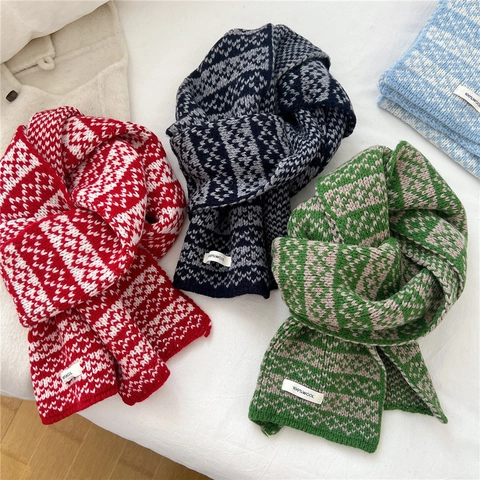 Bufanda De Lana De Punto Invierno Cálida Gruesa Jacquard Geométrico Color De Contraste Calentador De Cuello Suave Para Mujeres Hombres