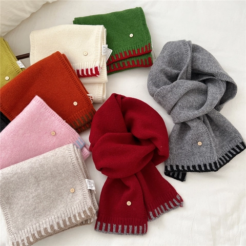 Sciarpa Di Lana A Maglia Inverno Caldo Bordo A Contrasto Bottone In Metallo Decoro Elegante Moda Versatile Accessori Donna