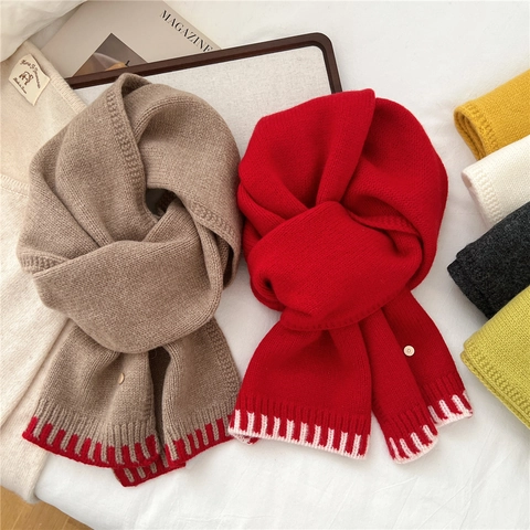Sciarpa Di Lana A Maglia Inverno Caldo Bordo A Contrasto Bottone In Metallo Decoro Elegante Moda Versatile Accessori Donna