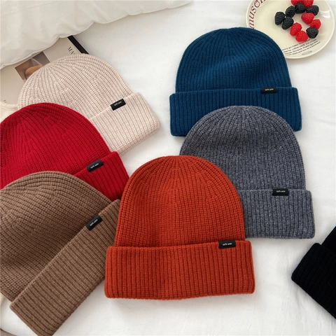 Gorro Beanie De Lana Color Sólido Punto Acanalado Cálido Grueso Invierno Exterior Gorro Térmico Para Mujeres Y Hombres