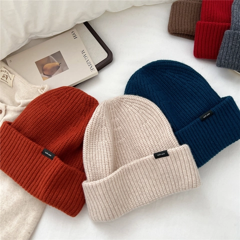 Gorro Beanie De Lana Color Sólido Punto Acanalado Cálido Grueso Invierno Exterior Gorro Térmico Para Mujeres Y Hombres