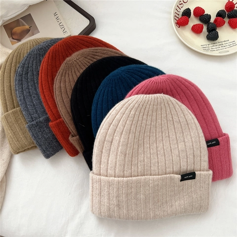 Women's 100% Wool Ribbed Knit Beanie Hat Autumn Winter Warm Cuffed Skull Cap Minimalist Solid Color Striped Beanie Hat