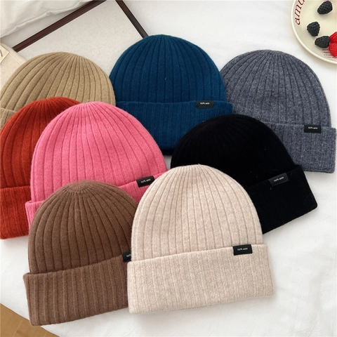 Women's 100% Wool Ribbed Knit Beanie Hat Autumn Winter Warm Cuffed Skull Cap Minimalist Solid Color Striped Beanie Hat