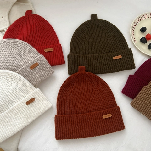 Wool Beanie Hat Knitted Ribbed Warm Winter Solid Color With Leather Label For Women Men Unisex