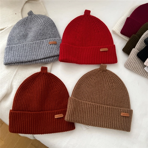 Wool Beanie Hat Knitted Ribbed Warm Winter Solid Color With Leather Label For Women Men Unisex