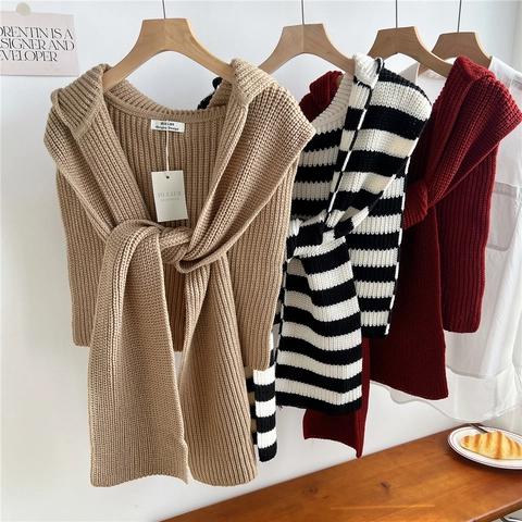 Knitted Hooded Shawl Striped Solid Thick Warm Crochet Shoulder Cape Wrap Scarf Fashionable Soft Outerwear For Women