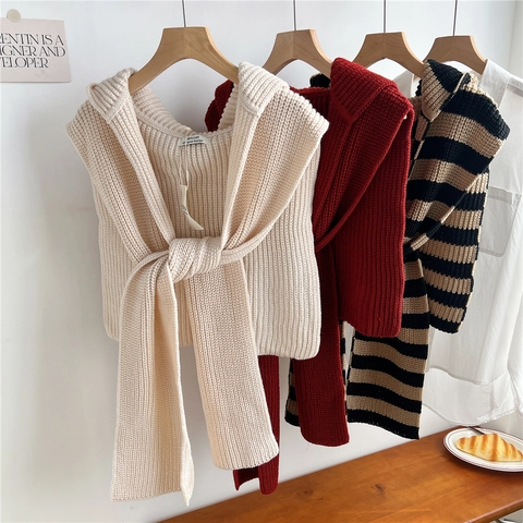 Knitted Hooded Shawl Striped Solid Thick Warm Crochet Shoulder Cape Wrap Scarf Fashionable Soft Outerwear For Women