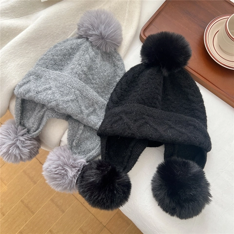 Winter Ear Flap Beanie Hat Knit Thick Warm Cable Pattern Pom Poms Outdoor Cold Weather Solid Color Unisex