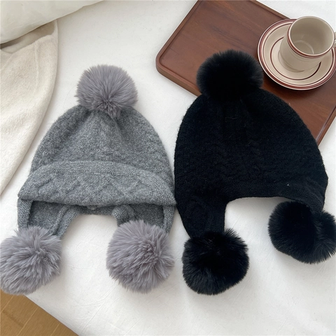 Winter Ear Flap Beanie Hat Knit Thick Warm Cable Pattern Pom Poms Outdoor Cold Weather Solid Color Unisex