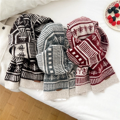 Sciarpa In Maglia Invernale Misto Lana Calda Nordica Fair Isle Motivo Albero Di Natale Geometrico Scaldacollo Donna Uomo