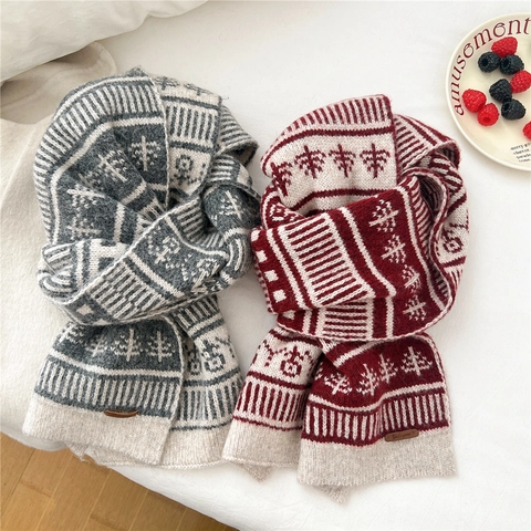 Sciarpa In Maglia Invernale Misto Lana Calda Nordica Fair Isle Motivo Albero Di Natale Geometrico Scaldacollo Donna Uomo
