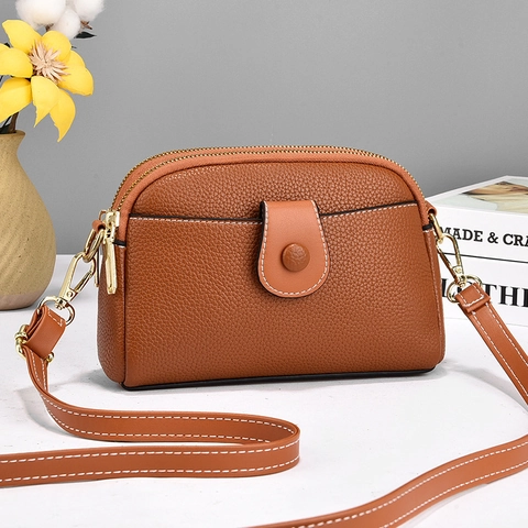 Women Crossbody Shoulder Bag PU Lychee Leather Double Zipper Front Pocket Adjustable Strap Casual Fashion Square