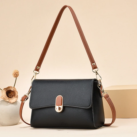 Small Crossbody Bag For Women Litchi Grain PU Leather Shoulder Bag With Gold Rotary Lock And Contrast Brown Strap