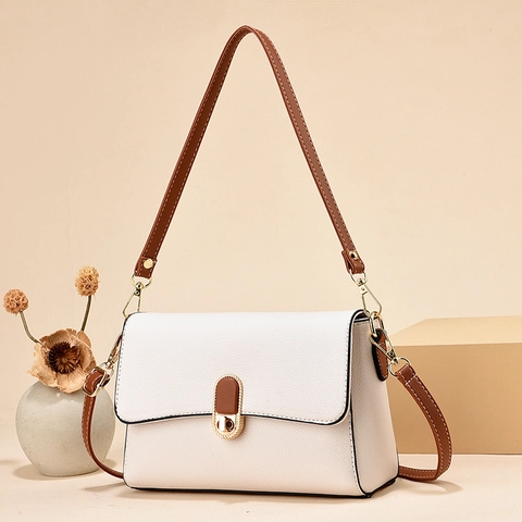 Small Crossbody Bag For Women Litchi Grain PU Leather Shoulder Bag With Gold Rotary Lock And Contrast Brown Strap