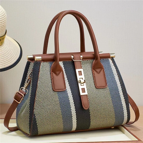 Striped Woven Handbag With PU Leather Trim And Gold Metal Lock Fashionable Large Capacity Crossbody Bag For Women