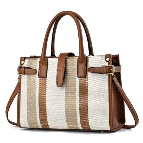 Sac À Main Pour Femme Toile Rayée Patchwork Cuir PU Sac Cabas Bandoulière Grande Capacité Mode Style Quotidien