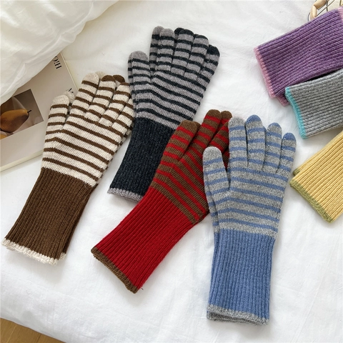 Guantes De Punto De Invierno A Rayas Cálidos Compatibles Con Pantalla Táctil Puños Largos De Canalé Para Mujer