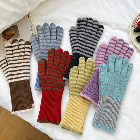 Guantes De Punto De Invierno A Rayas Cálidos Compatibles Con Pantalla Táctil Puños Largos De Canalé Para Mujer