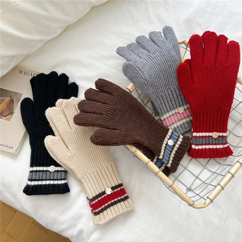 Gestrickte Winterhandschuhe Damen Gestreift Warm Weich Wollgarn Vollfinger Mit Dekorativem Knopf