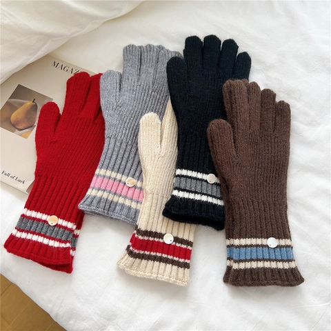 Gestrickte Winterhandschuhe Damen Gestreift Warm Weich Wollgarn Vollfinger Mit Dekorativem Knopf