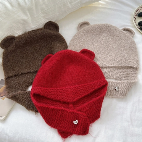 Bear Ears Knitted Hood Scarf Integrated Winter Warm Ear Protection Balaclava Women Girls Sweet Korean Style Polyester