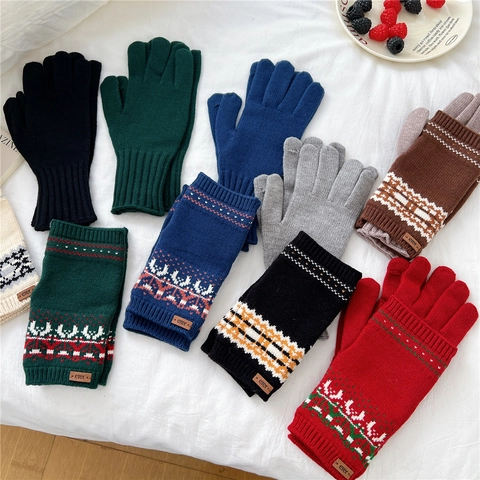Winter Knit Gloves Touchscreen Warm Christmas Reindeer Jacquard Double Layer Nordic Style For Women Men