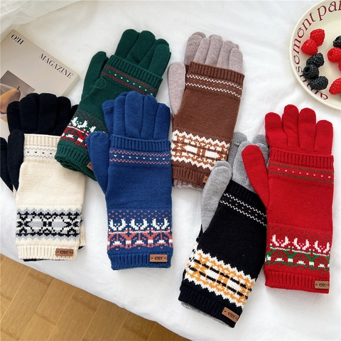 Winter Knit Gloves Touchscreen Warm Christmas Reindeer Jacquard Double Layer Nordic Style For Women Men