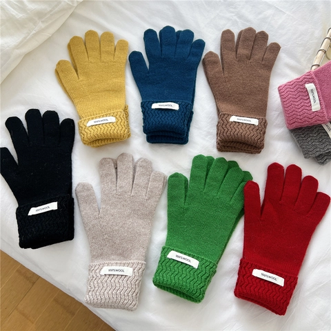 Winter Warm Knitted Pure Wool Gloves For Women Wave Cuff Solid Color Soft Thick Thermal Windproof Outdoor Accessory
