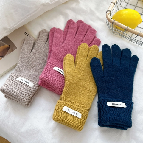 Winter Warm Knitted Pure Wool Gloves For Women Wave Cuff Solid Color Soft Thick Thermal Windproof Outdoor Accessory