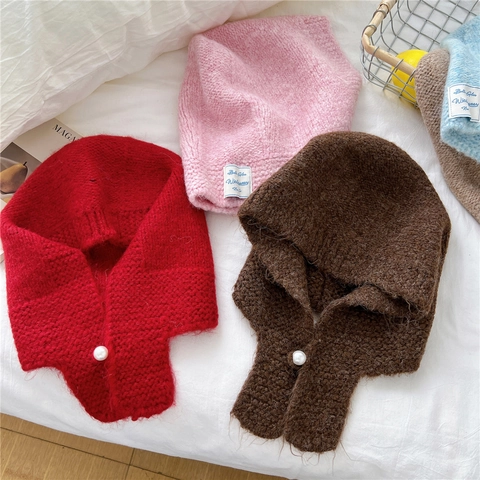Bufanda Con Capucha De Punto Balaclava Con Botón De Perla Artificial Térmico Invierno Protección Oídos Calentador Cuello Color Sólido