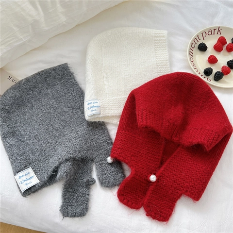 Bufanda Con Capucha De Punto Balaclava Con Botón De Perla Artificial Térmico Invierno Protección Oídos Calentador Cuello Color Sólido