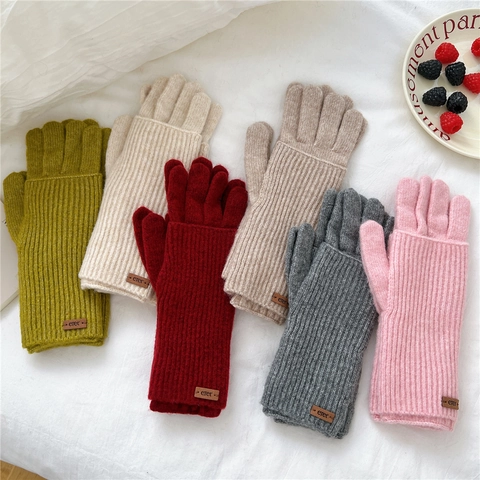 Knitted Gloves Solid Color Winter Warm Touch Screen Outdoor Cycling Fashion Ribbed Cuffs Leather Label For Women Men