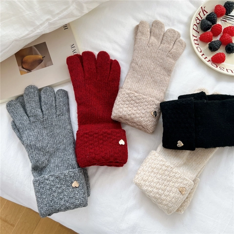 Knitted Winter Gloves For Women Warm Thick Five Finger Mittens With Heart Metal Decoration Folded Cuff Elegant