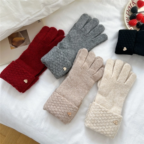 Knitted Winter Gloves For Women Warm Thick Five Finger Mittens With Heart Metal Decoration Folded Cuff Elegant