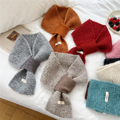 Knit Scarf Neck Warmer Winter Warm Cross Over Pull Through Design Solid Color Soft Loop Yarn Chic Accessory For Women
