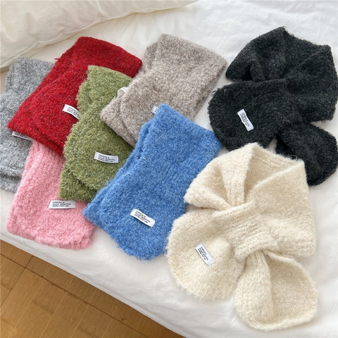 Bufanda De Cuello De Invierno De Punto Boucle Poliéster Cálida Diseño Cruzado Versátil Para Mujeres Accesorio De Otoño Color Sólido