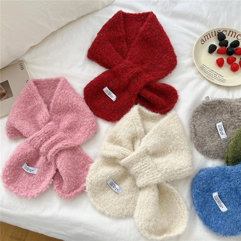 Bufanda De Cuello De Invierno De Punto Boucle Poliéster Cálida Diseño Cruzado Versátil Para Mujeres Accesorio De Otoño Color Sólido