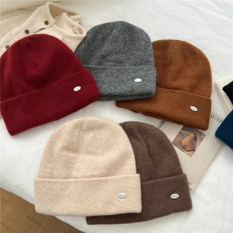 Cuffed Beanie Hat Women Wool Rabbit Hair Nylon Blend Knit Cap Warm Winter Solid Color With Metal Decor Thermal