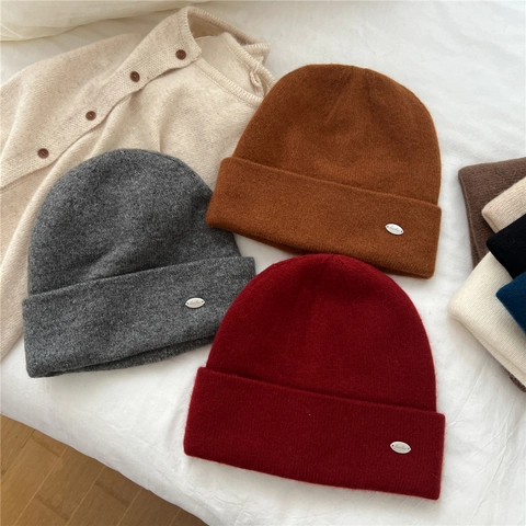 Cuffed Beanie Hat Women Wool Rabbit Hair Nylon Blend Knit Cap Warm Winter Solid Color With Metal Decor Thermal