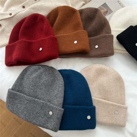 Women Winter Knit Beanie Hat Wool Blend Rabbit Hair Warm Ribbed Turnover Cuff Solid Color With Round Metal Tag Decor