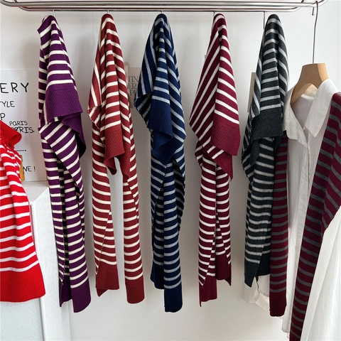 Women Striped Knit Shawl Polyester Blend Decorative Fake Collar Scarf Nautical Style Tie Knot Shoulder Wrap