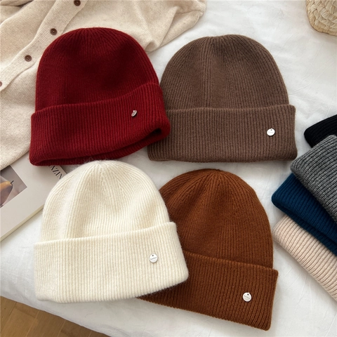 Women Winter Knit Beanie Hat Wool Blend Rabbit Hair Warm Ribbed Turnover Cuff Solid Color With Round Metal Tag Decor