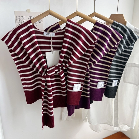 Women Striped Knit Shawl Polyester Blend Decorative Fake Collar Scarf Nautical Style Tie Knot Shoulder Wrap