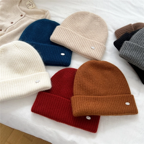 Gorro Beanie De Mezcla De Lana Acanalado Dobladillo Color Sólido Minimalista Cálido Invierno Unisex Con Logo Metálico