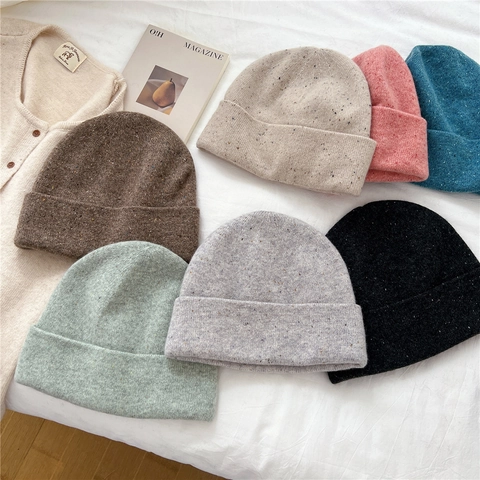 Knitted Beanie Hat Pure Wool Warm Winter Speckled Flecked Yarn Cuffed Skull Cap For Women Men Soft Cozy