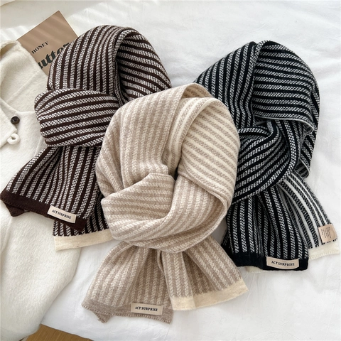 Bufanda De Invierno Con Rayas Verticales Tejida De Color En Contraste Gruesa Cálida Larga Calentador Cuello Mezcla Poliéster Lana Unisex