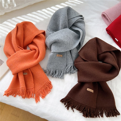 Knitted Winter Scarf Polyester Acrylic Solid Color With Tassels And Hand Made Leather Patch Warm Chic For Women