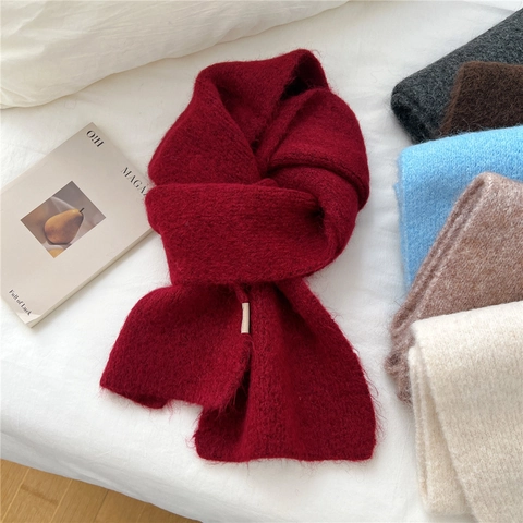 Solid Color Knitted Scarf Wool Blend Thick Warm Winter Neck Warmer Fashion Casual For Women