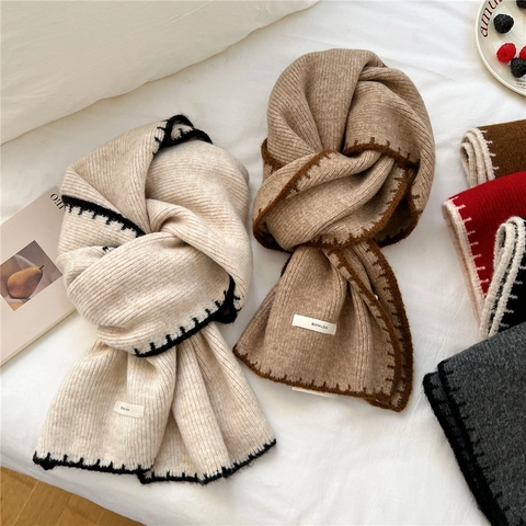 Winter Schal Wollmischung Gestrickt Dick Warm Kontrastkante Gerippter Halswärmer Chic Stil Für Damen