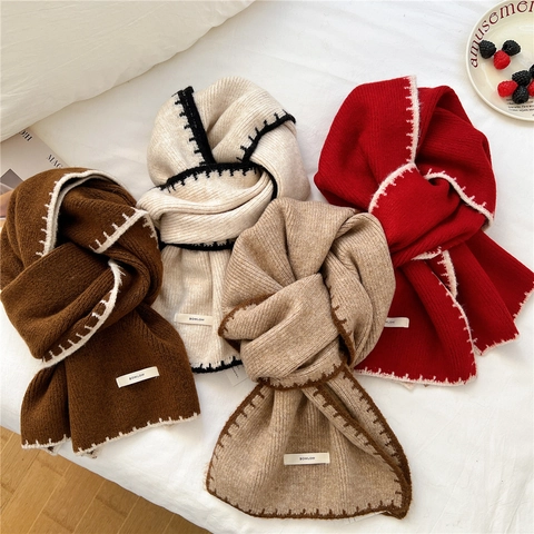 Winter Schal Wollmischung Gestrickt Dick Warm Kontrastkante Gerippter Halswärmer Chic Stil Für Damen